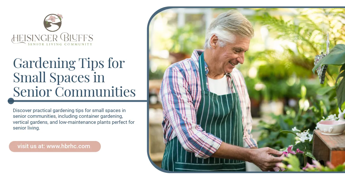 An elderly man is gardening in a senior community, wearing an apron.