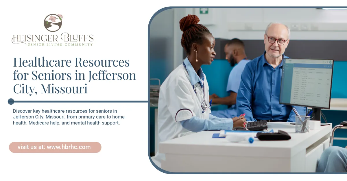 Hospital staff helping a senior patient at a computer in Jefferson City, Missouri