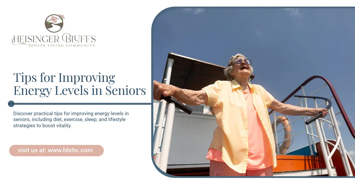 An energetic older woman standing on a boat, arms raised, smiling. 