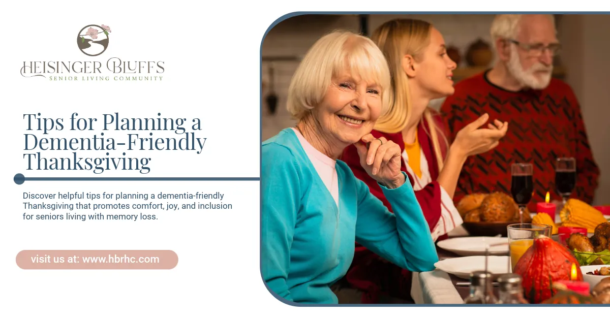A senior with dementia smiling at a dinner table with family during Thanksgiving