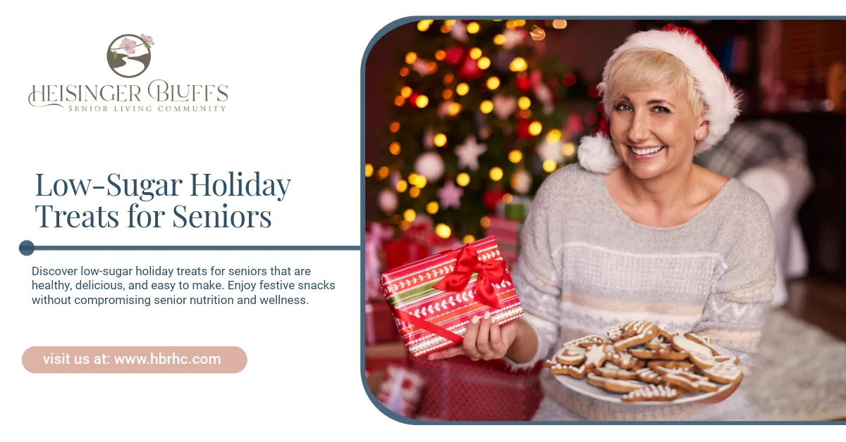 A senior in a Santa hat holding a plate of low-sugar holiday treats 
