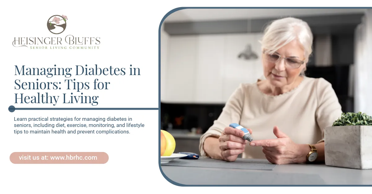 An elderly woman is testing blood sugar in the kitchen