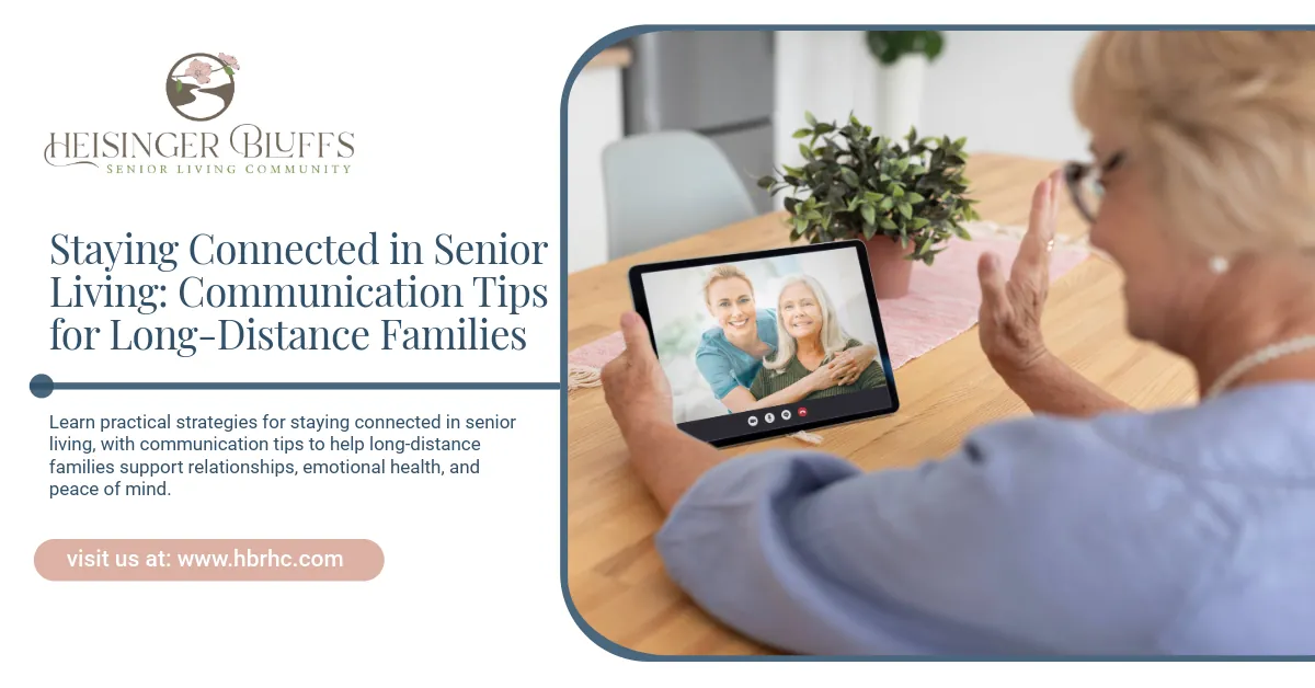 Senior on video call, waving at tablet.