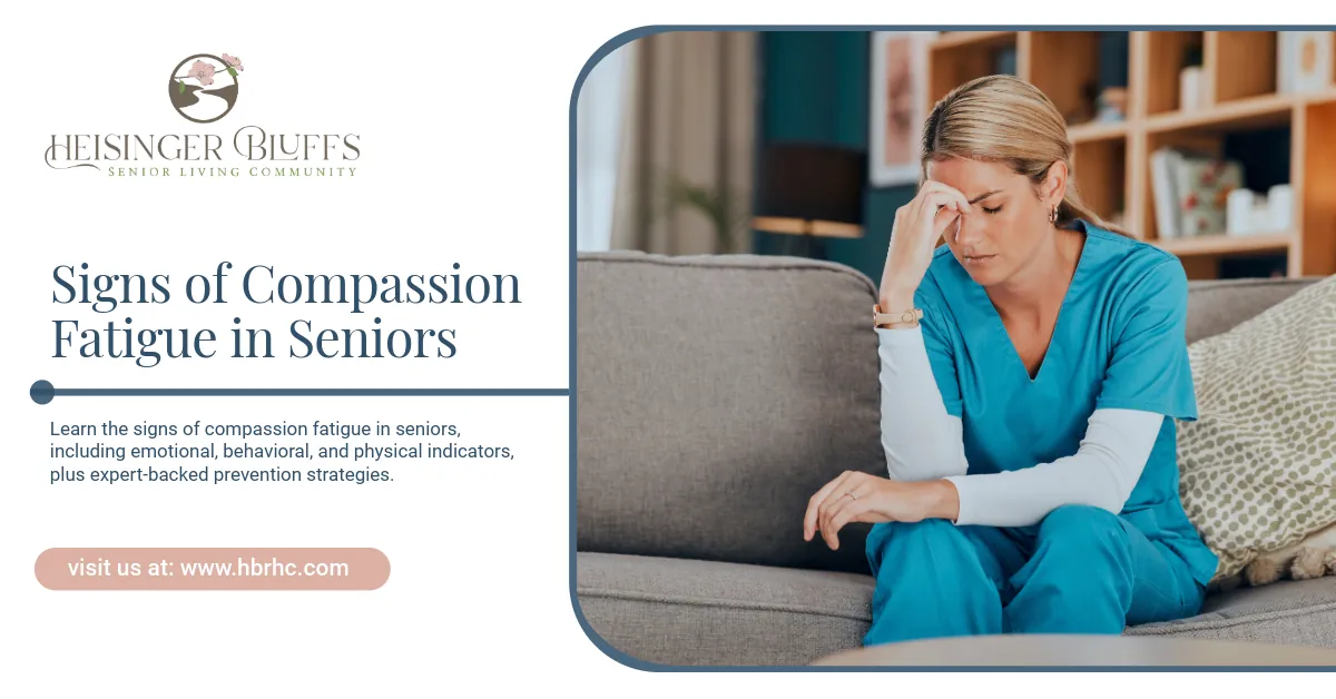 A caregiver sitting on a couch with her hand on her forehead, showing signs of compassion fatigue