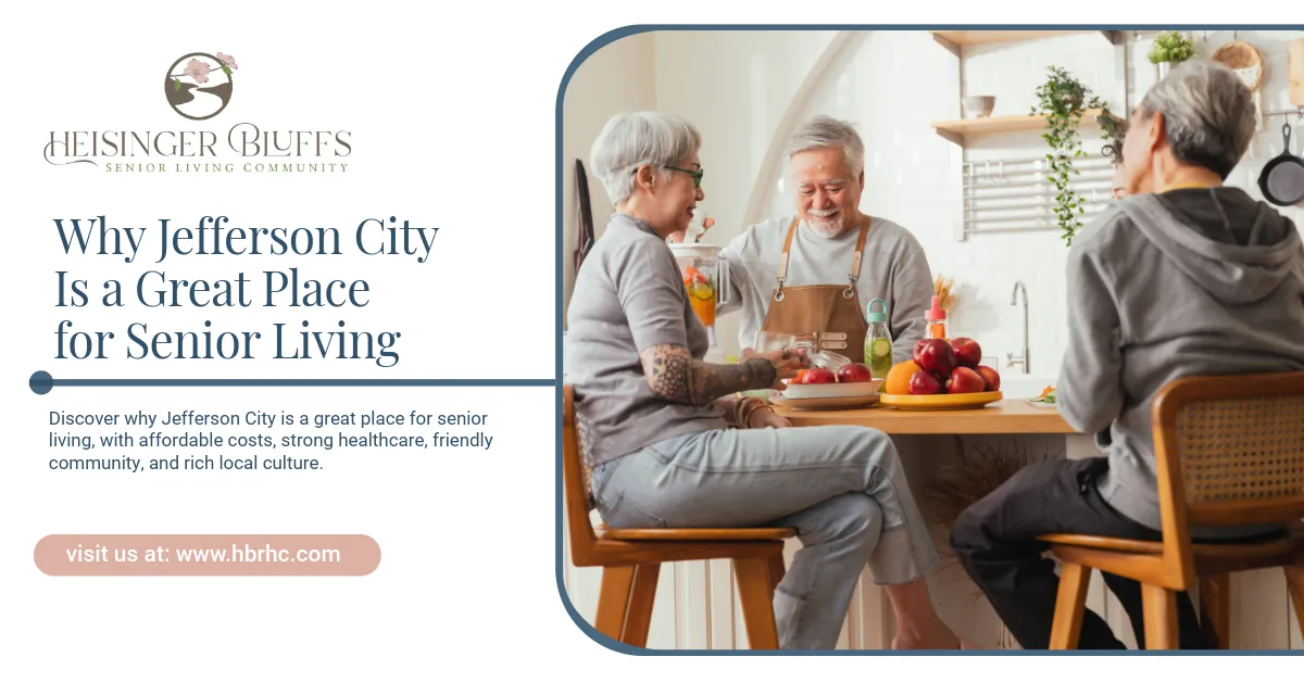 Smiling seniors chatting at a dining table in a bright senior living community in Jefferson City.