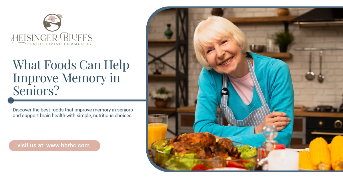 An elderly woman standing by a kitchen counter with healthy foods on it