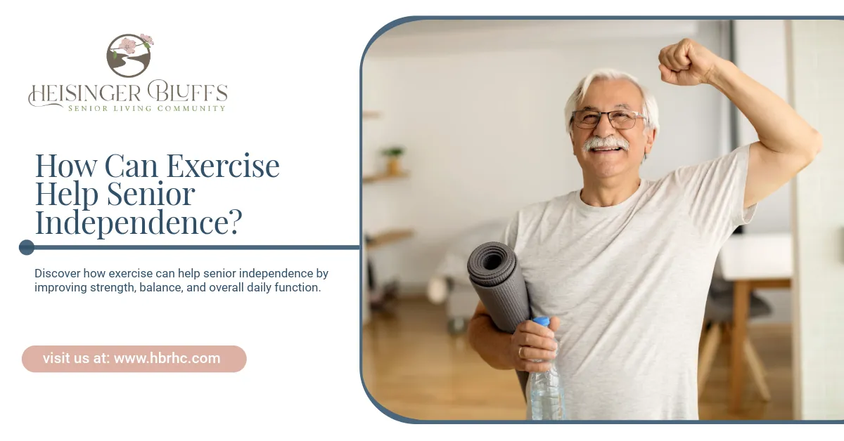 Older man flexes arm, holding a yoga mat and water bottle