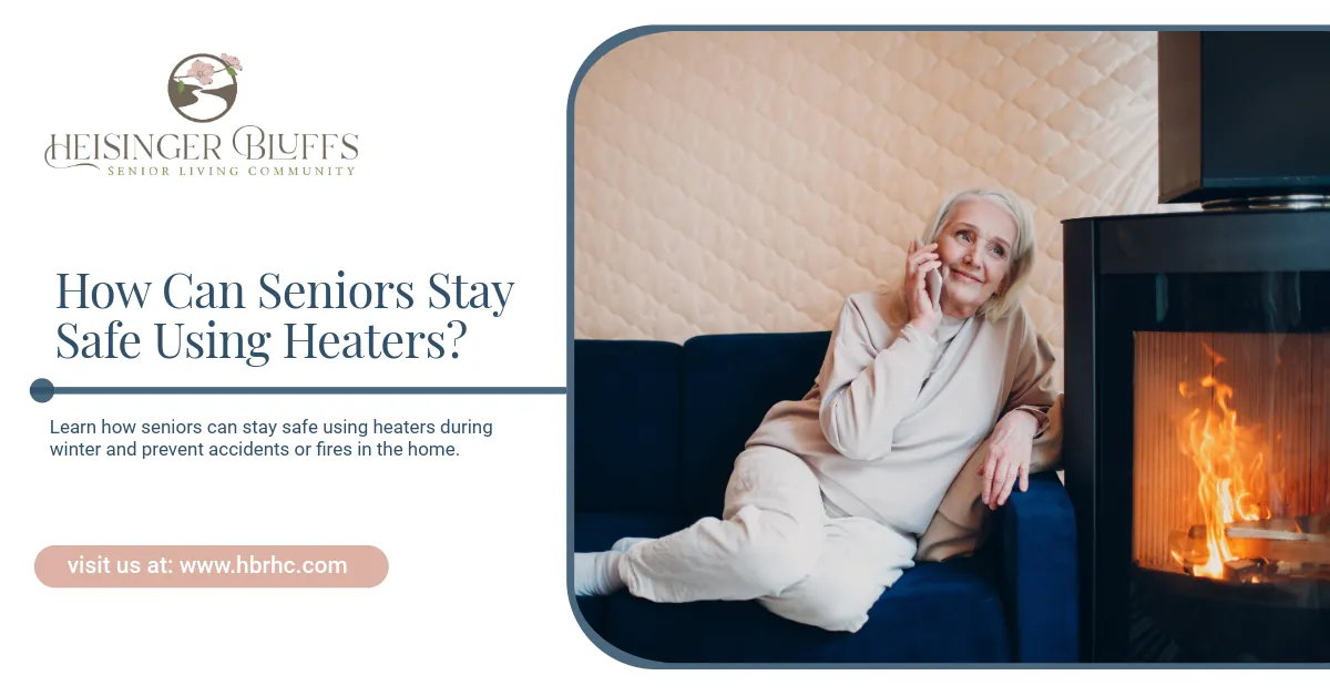An elderly woman is sitting near a fireplace, on a couch, talking on the phone.