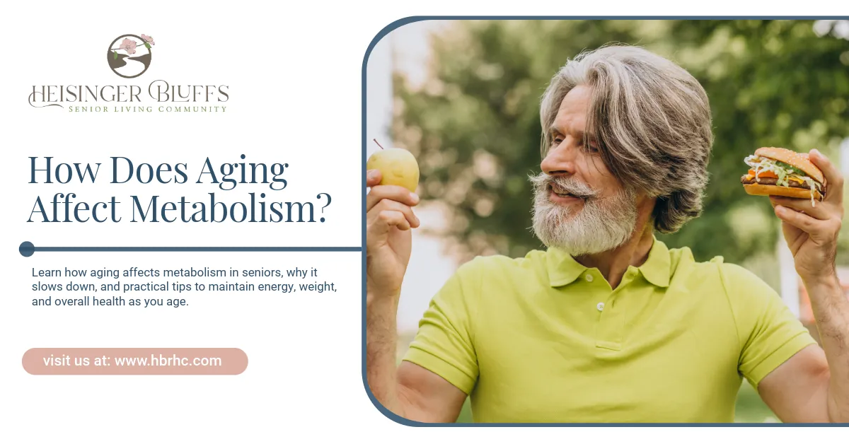 An older person looks between an apple and a burger