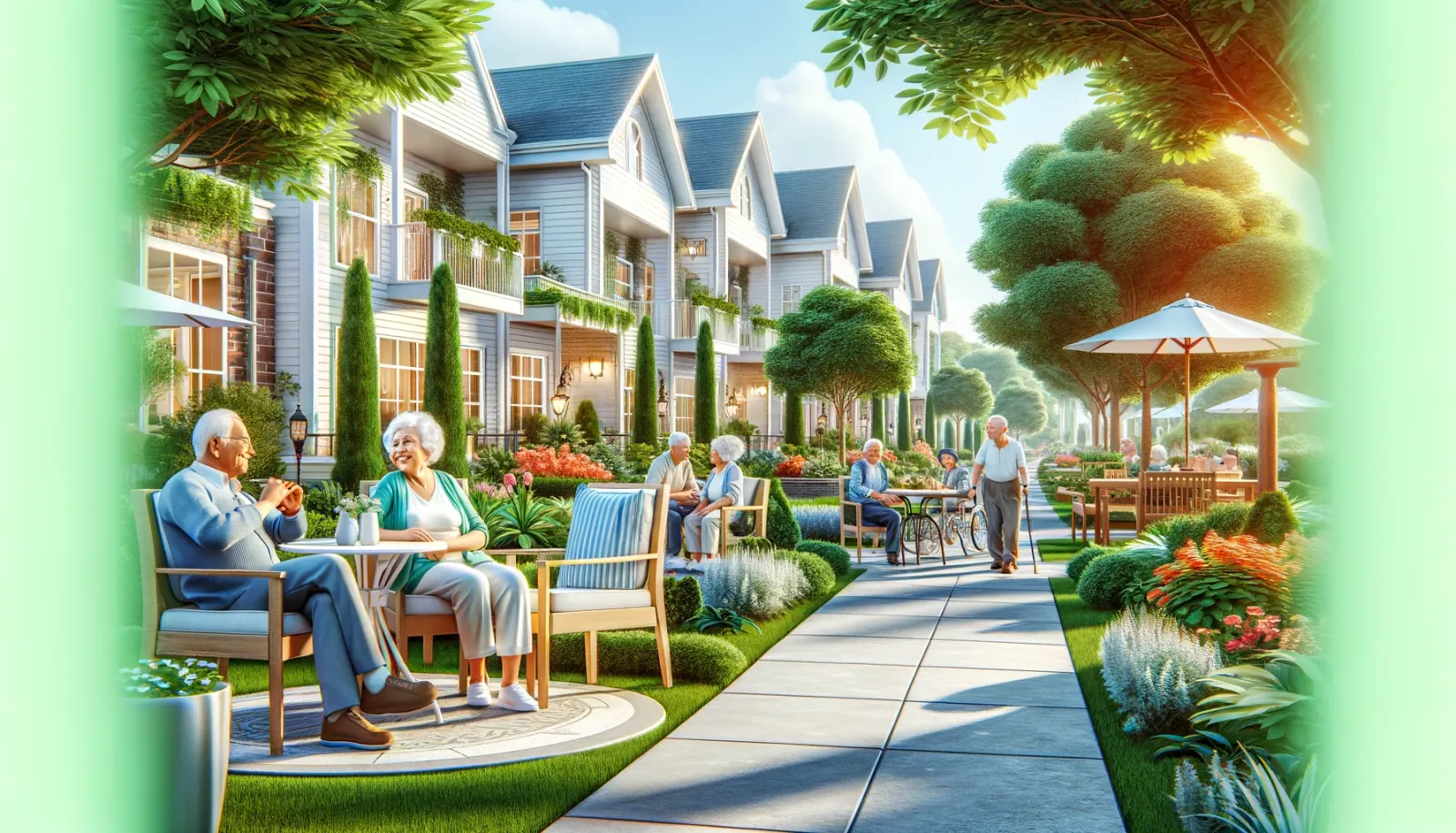 A group of elderly are sitting at tables in a park