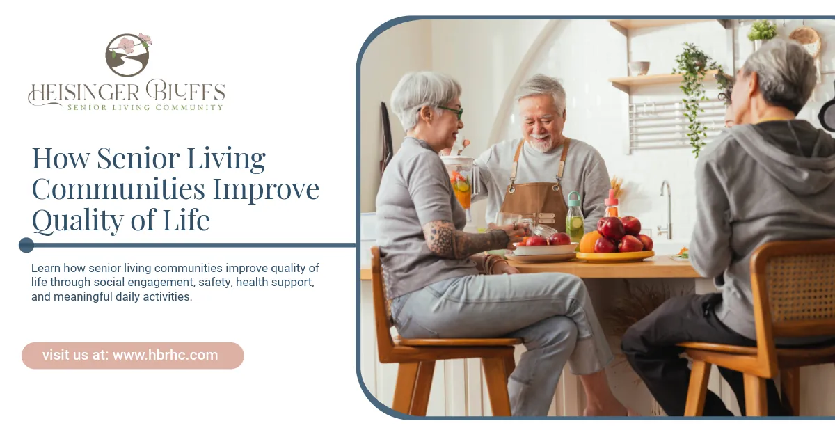 Three seniors in a kitchen, talking to each other.