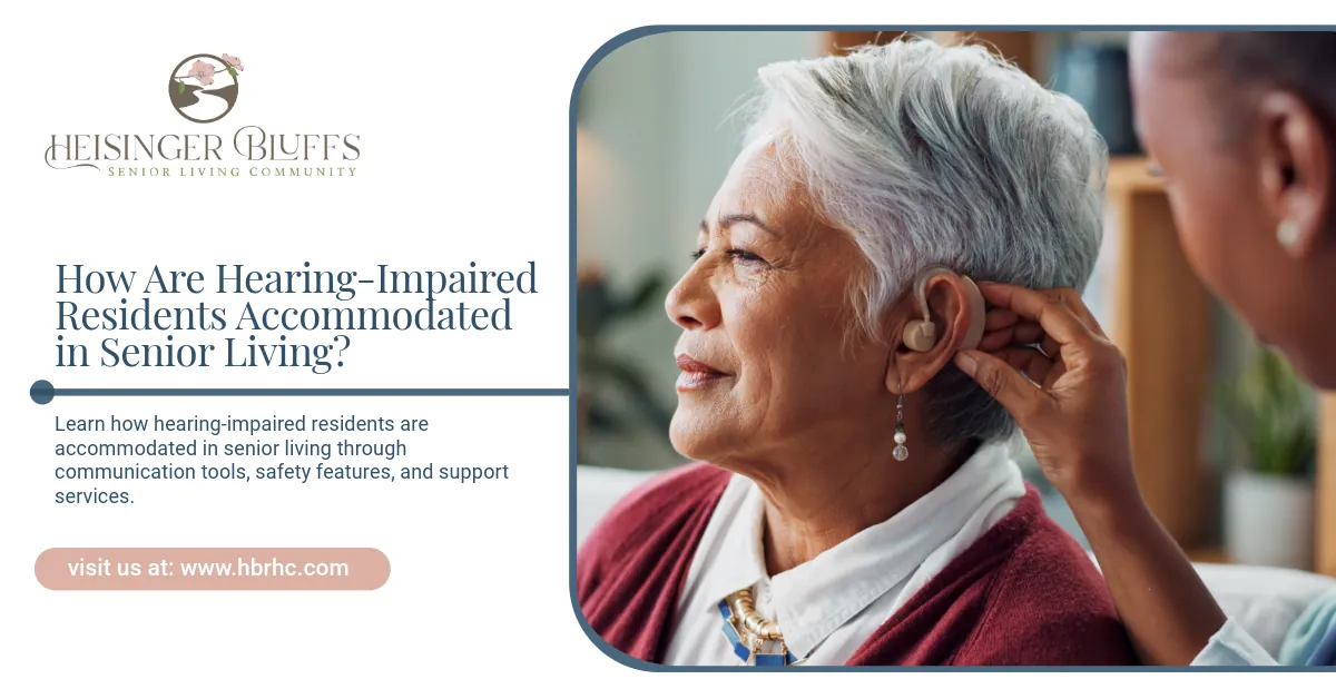 A woman in senior living is getting her hearing aid adjusted. 