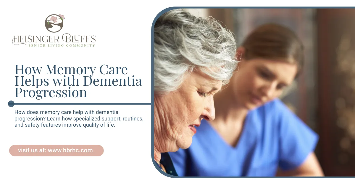A memory care staff member is talking to a dementia patient