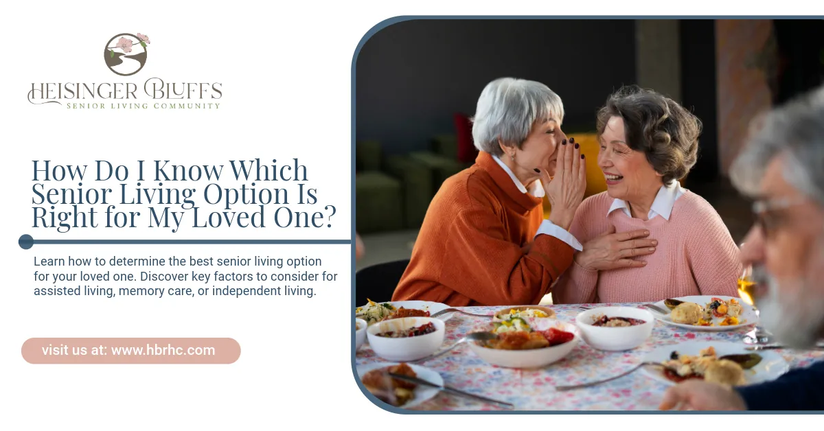 Seniors talking together in a senior living community dining hall