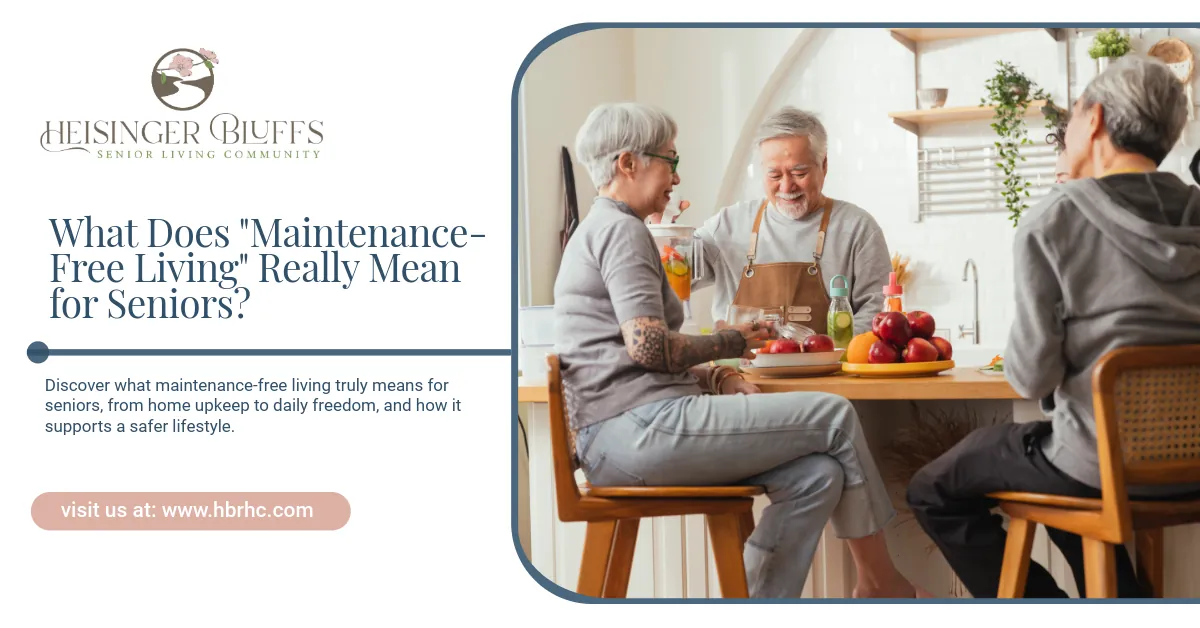 Three senior living residents schatting together in a dining room