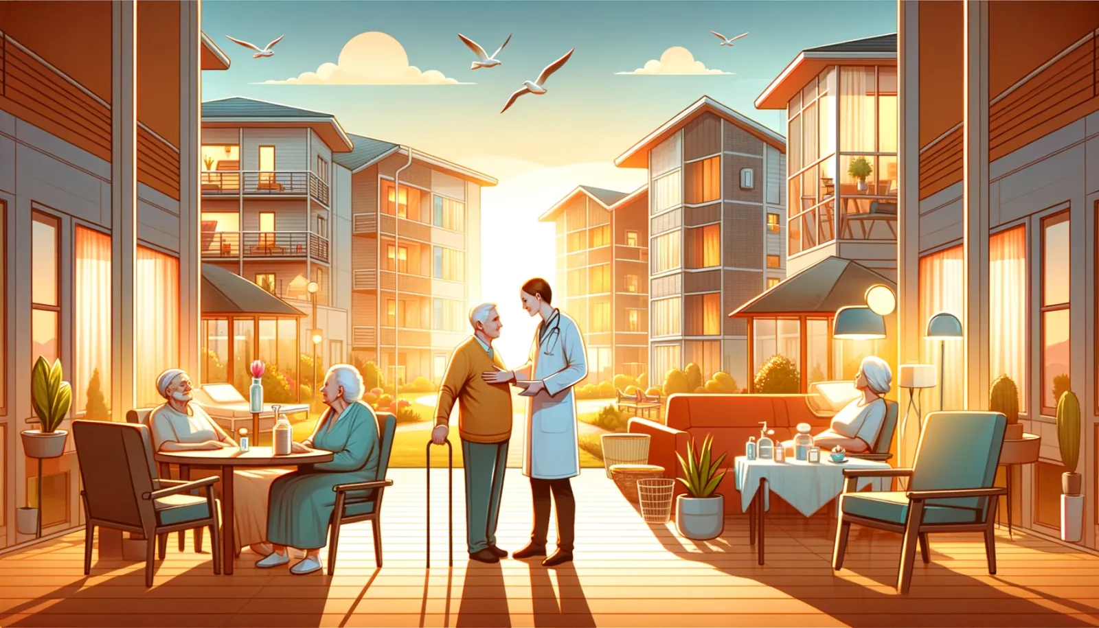 A doctor talking to an elderly man in a nursing home