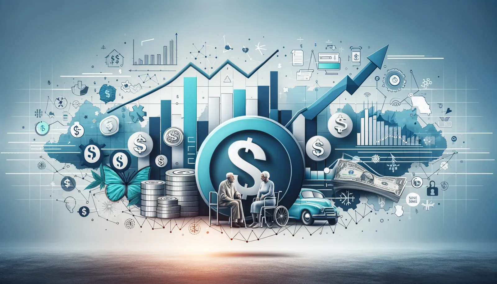 Graphics photo with bar graphs, arrows going up, and a dollar sign