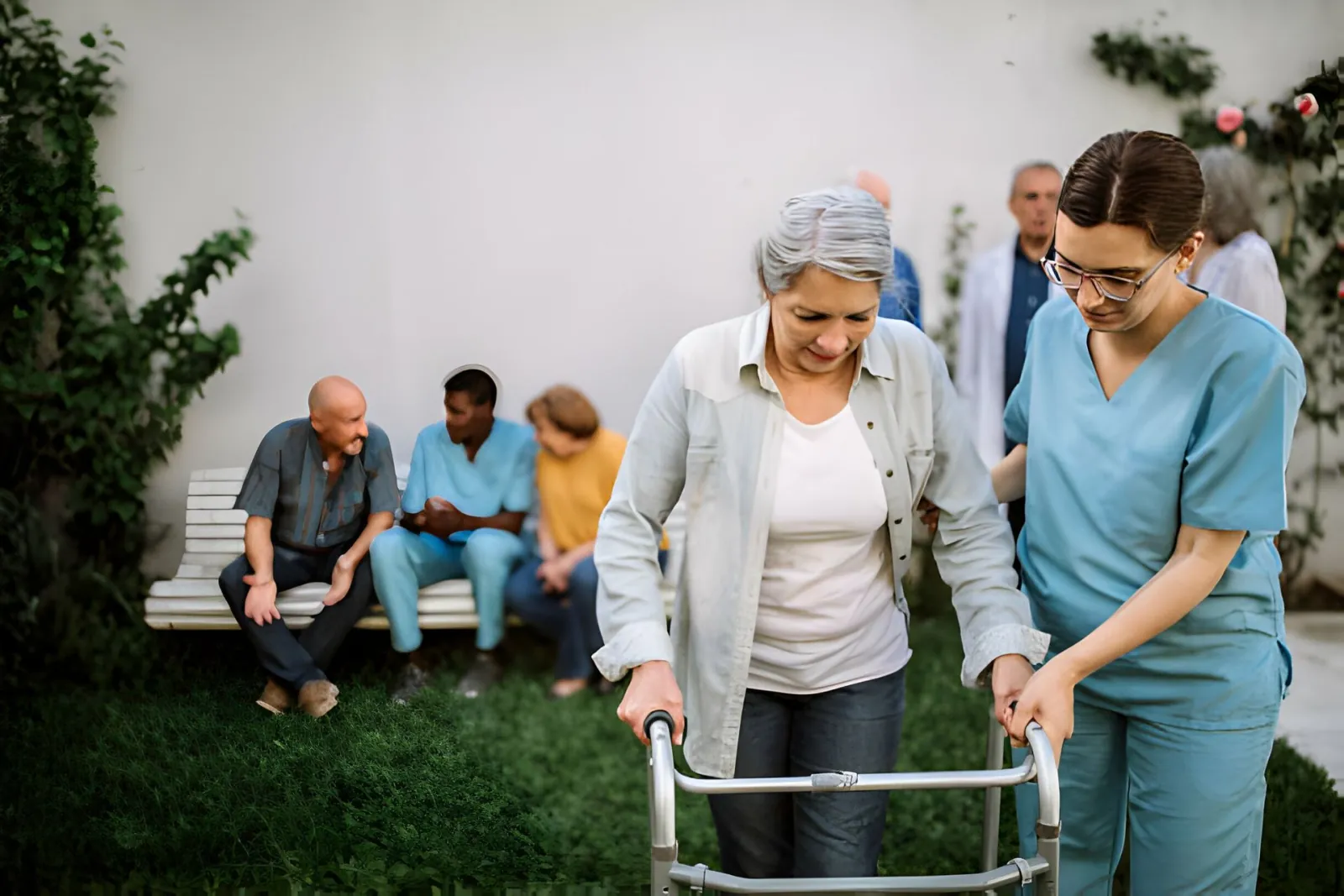 A nurse helping an elderly woman walk with a walker 