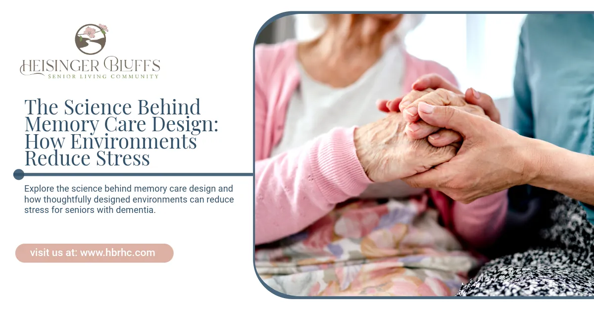 A memory care staff is holding the hands of a memory care resident