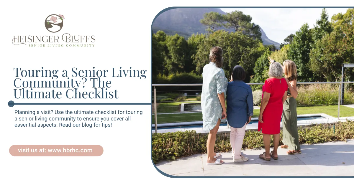A group of elderly people is touring a senior living community