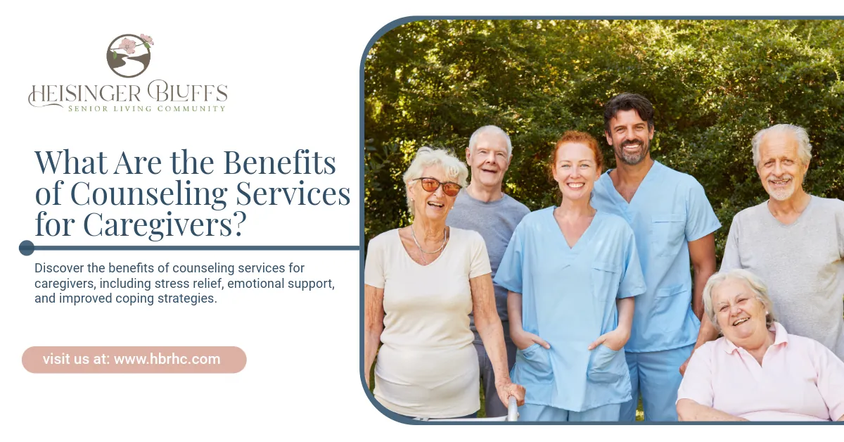 Group of caregivers and seniors smiling, promoting counseling services.