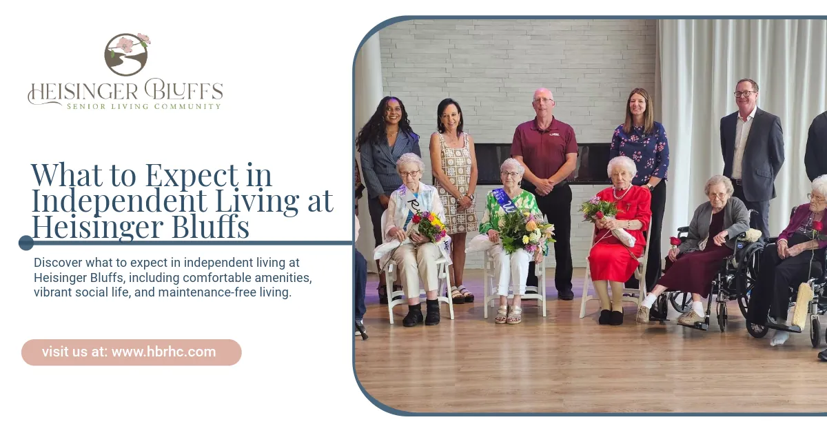 Residents at Heisinger Bluffs are standing next to each other in a room posing for a photo op