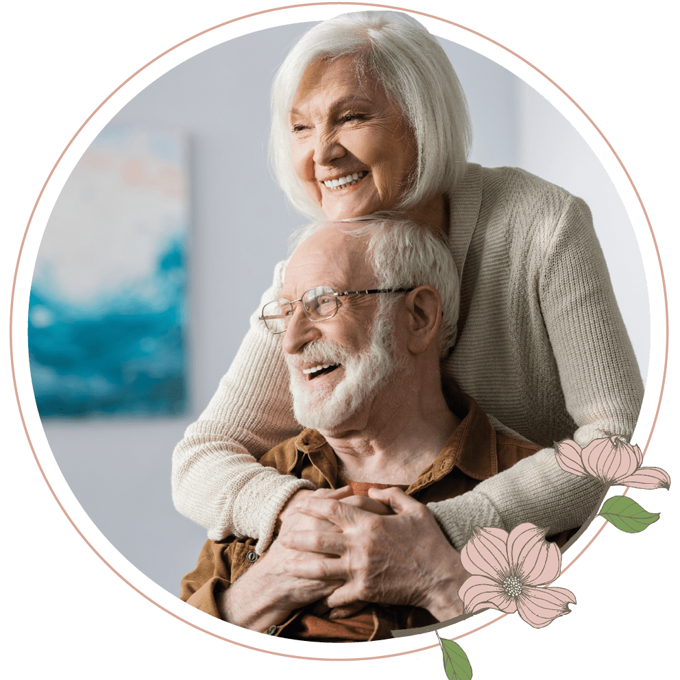 A senior couple embracing