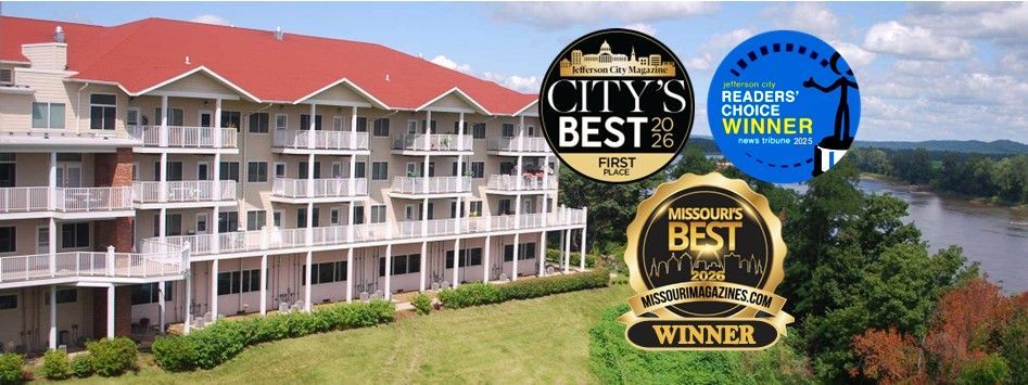 Heisinger Bluffs Senior Living Community with award badges: City's Best First Place, Readers' Choice Winner, and Missouri's Best Winner