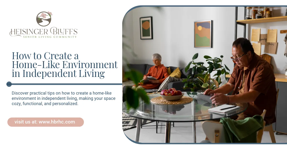 An independent living resident couple in bright, home-like living room. 