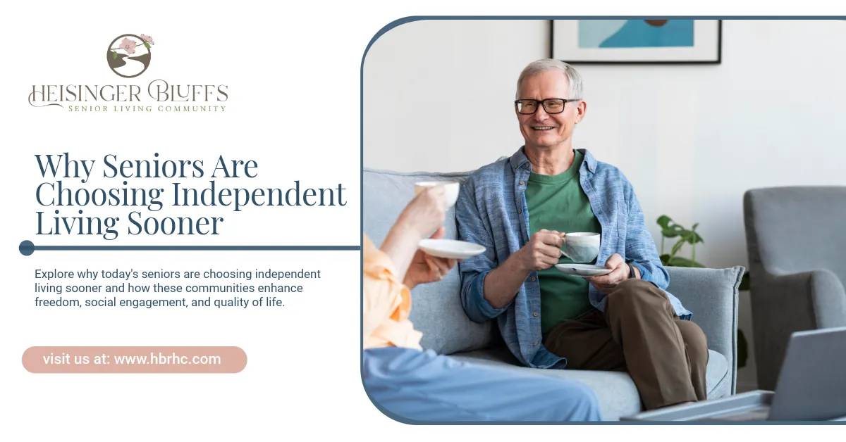 An independent living resident is smiling while holding a cup of coffee.
