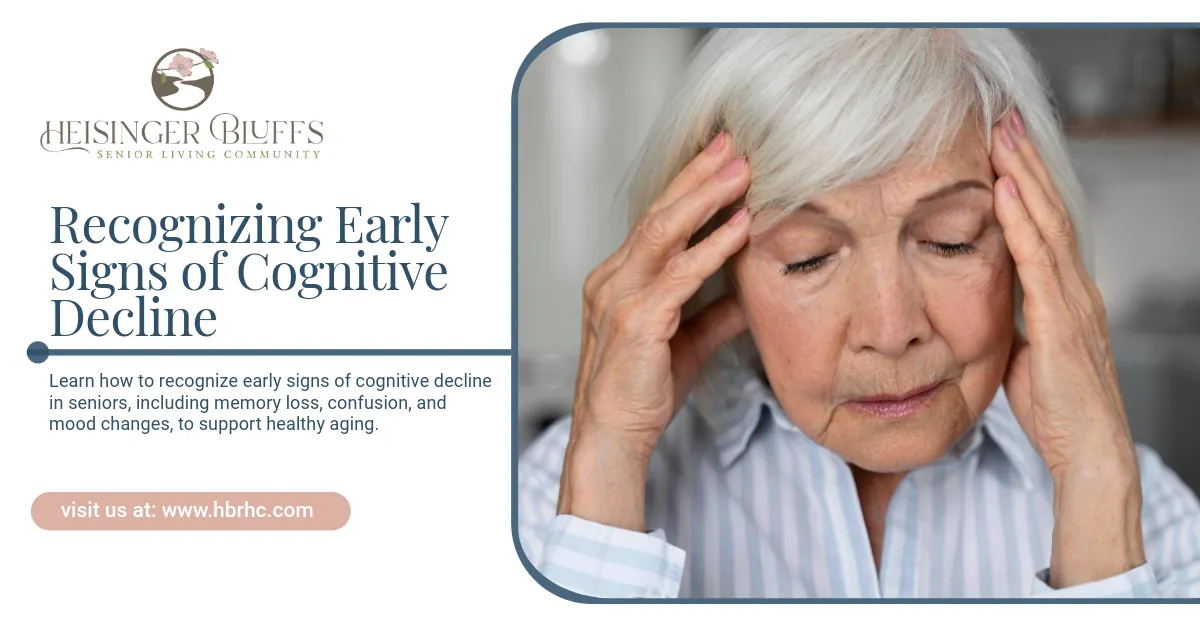 An elderly woman with her hands on her head