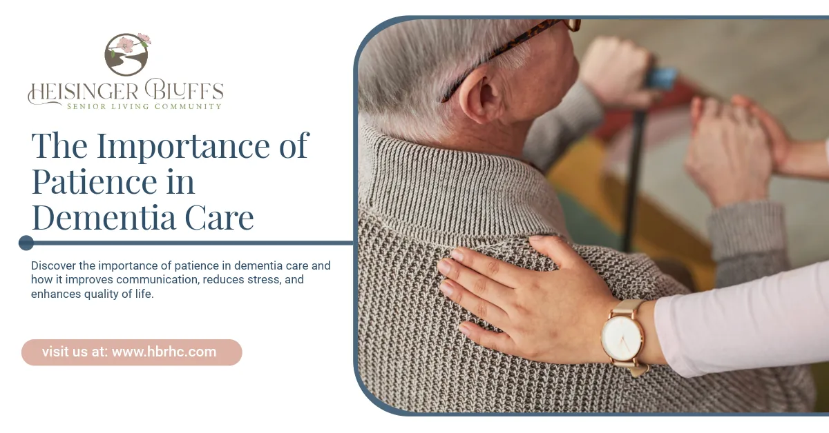 A care provider’s hand rests on the shoulder of a person holding a cane.