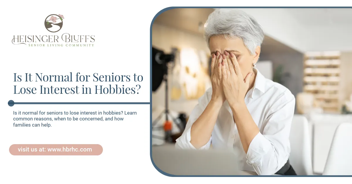 An elderly woman with her hands covering her face, losing interest in her hobby