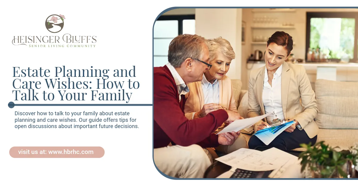 A man and woman are sitting on a couch talking to a woman about estate planning and care wishes.