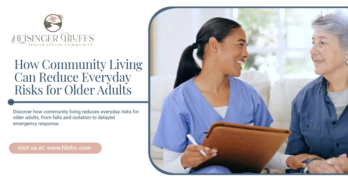 A senior living community staff holding a clipboard, talking to an elderly woman.