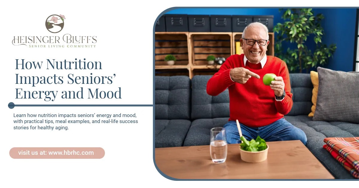 An older adult in a red sweater points at a green apple. 