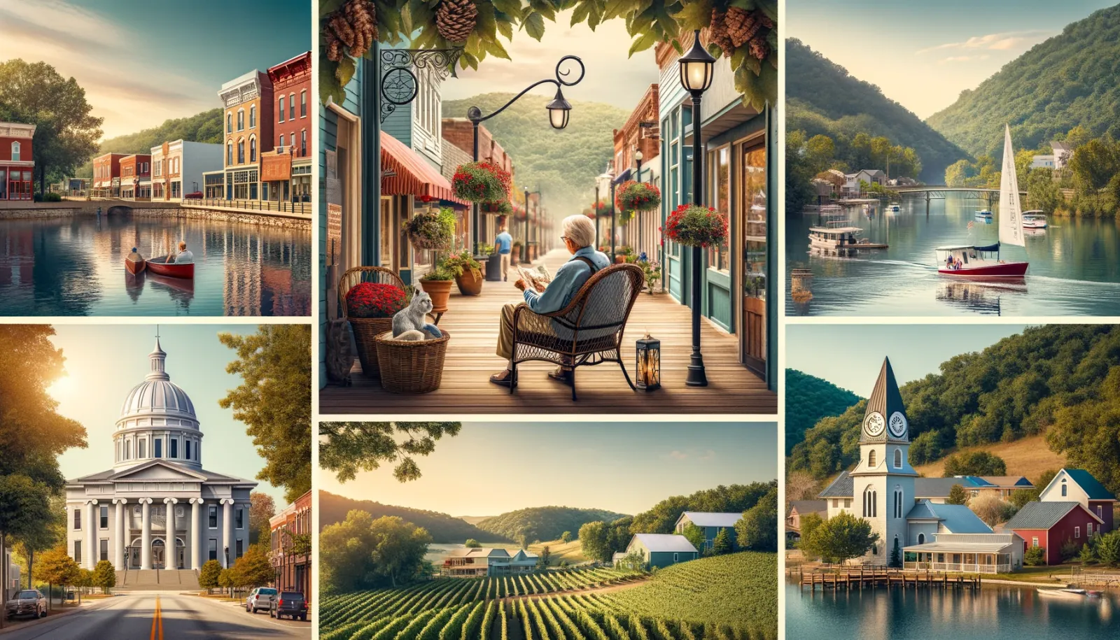 A collage of pictures of a man sitting on a porch in a small town 